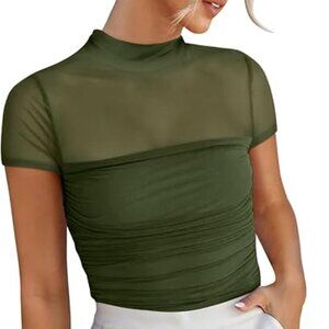 Army Green Mesh Mock Neck Short Sleeve Top